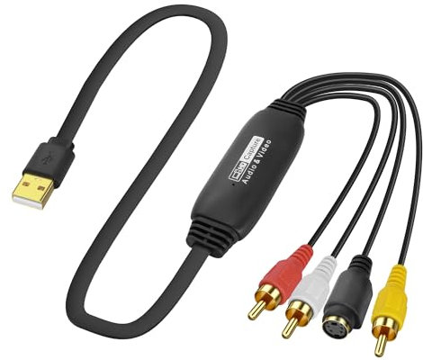 XMSJSIY USB 2.0 Audio Video Capture Card S Video RCA to USB Digital Grabber Recorder CVBS VHS VCR to Digital Converter for DVD Player,Laptop,PC,Tape Recording -1.2M/3.9FT (S-Video+3 RCA Male to USB)