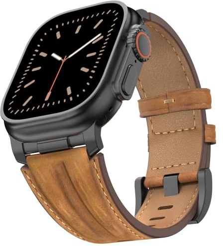 Bouixel Bracelet en cuir véritable grain supérieur, avec connecteur métallique, pour Apple Watch Ultra 3 (49 mm, 46 mm, 45 mm, 44 mm, 42 mm)/iWatch Ultra 2/1 Series 11, 10, 9, 8, 7, 6, 5, 4, 3 SE