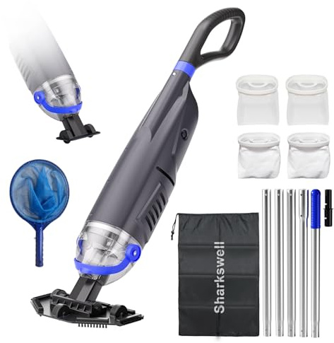 Sharkswell Poolsauger Akku, Absaugung bis zu 6000L/H, 2026 Upgraded Poolsauger Bodensauger mit 300cm Teleskopstangen, 2 Saugköpfe & 4 Filter und Pool Kescher Betriebsdauer bis zu 60 Minuten (Grau)