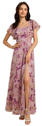 Ever-Pretty Robe de Soirée en Mousseline Florale Manches Volantes Col Carré Fente Longue Robe pour Femme Impression en Lilas Clair 48