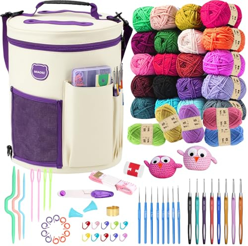 MIAOKE Kit per Uncinetto, Kit per Uncinetto per Principianti, 25 Filati e 16 Uncinetti di Diverse Misure per Principianti, include Segnapunti, Ditale,in Una Borsa Beige per Riporre gli Aghi