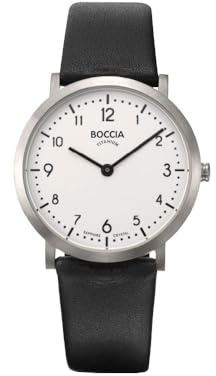 Boccia Titanium Damenuhr 3335-01 Titan 34 mm mit Saphirglas, Quarz Armbanduhr mit Lederarmband schwarz, ultraflach 6,2 mm, wasserdicht 5 bar, Klassische Damen Uhr