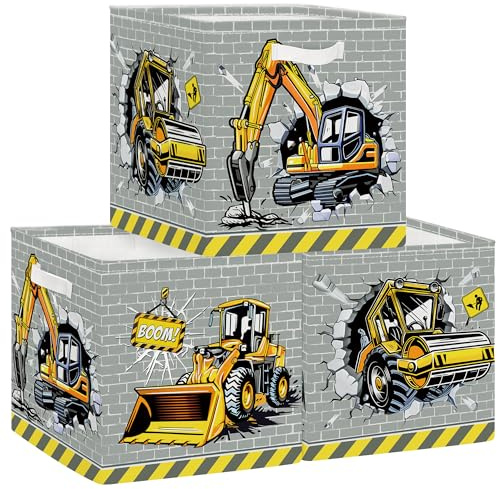 HUUMONSS 30cm Aufbewahrungsbox 3 Stück Baufahrzeuge Aufbewahrungskorb Kinder Auto Aufbewahrungswürfel Organizer für Spielzeug Bücher Kleidung, 3D-Straßenwalze