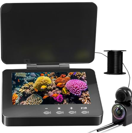 Unterwasser Kamera Angeln, 4,3 IPS Bildschirm mit Touch-Tasten, 195° Weitwinkel, Nachtsicht, IP68 wasserdicht, 5000mAh Akku, 30m Kabel & Verstellbarer Sonnenschutz – für EIS-, See- & Bootsangeln