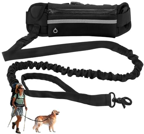 Galenecx Correa Perro Cintura, 1.25 m-2.2 m Belt Perro Manos Libres Elástica con Bolsillo, Correa Running Perro Belt, con Costuras Reflectantes, para Entrenar, Caminar, Trotar y Correr con tu Mascota