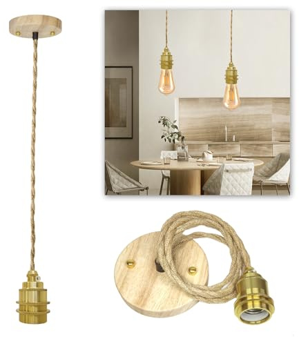 Holz Vintage E27 Lampenaufhängung, Retro Hanfseillampe Hängelampe mit 120CM Kabel Höhenverstellbar Pendelleuchte, DIY Hängeleuchte für Esstisch Küche Wohnzimmer Deckenbeleuchtung(Ohne Glühbirne)