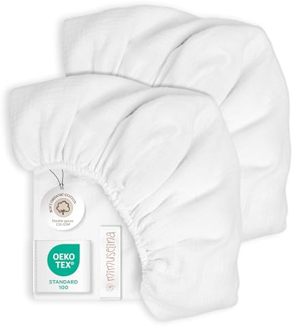 Mimuselina Spannbettlaken 60x120 Baby – 2er-Pack Minibettlaken 120x60 aus 100% weicher, atmungsaktiver Musselin-Baumwolle [Weiß + Weiß]