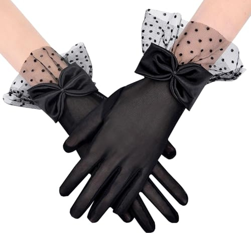 Feelorna Short Lace Gloves for Women, Mesh Tulle Gloves with Bow and Polka Dot Ruffle Cuffs, Elegant Wrist Length Wedding Bridal Gloves Opera Glove for Banquet Costume Evening (Black)