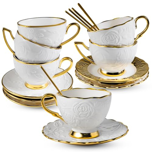 Muzizyq Cappuccino Cups with Saucers Set of 6, 7 OZ Ceramic Coffee Cup Set, Double Espresso Cups with Gold Trim Raised Floral Motif Tea Cup and Saucer Set for Latte, Cafe, Valentine's Day Gifts