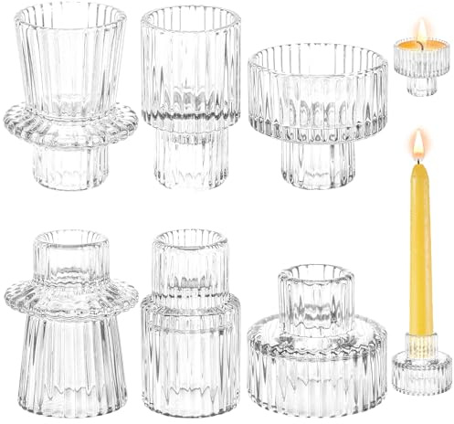 Viitech Kerzenhalter Glas, 6er Set 2-in-1 Kerzenständer Stabkerzen, Kristall Transparent Stabkerzenhalter Kerzenständer Glas für Hochzeit Geburtstag Party Weihnachten (Weiß)