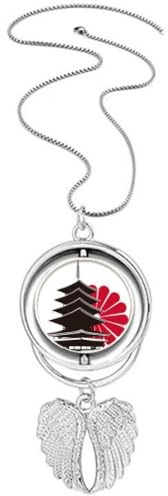 Collana con ciondolo a forma di crisantemo giapponese e tempio, ali d'angelo