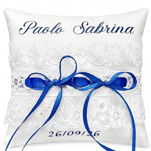 Tulle e MERAVIGLIE Cuscino Porta Fedi Matrimonio Personalizzato con Nomi e Data, Portafedi per Nozze e Anniversari, Fatto a Mano in Cotone e Pizzo, 4 Misure Disponibili