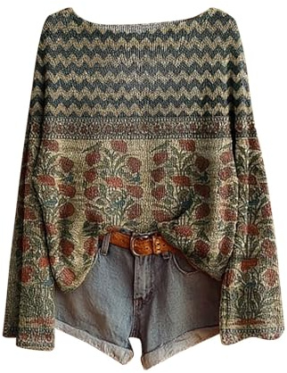 Generisch Boho Vintage Rundhals Strickpullover Damen Herbst Winter Casual Langarmshirt Floral Print Bequem Oberteil Bluse Trendiger Übergröße Strickwaren Pullover für Frauen Große Größen