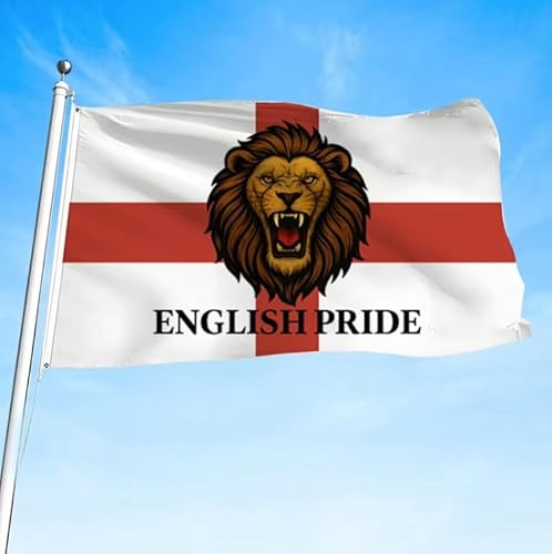 Bandiera dell'Inghilterra con croce di San Giorgio, leone ruggente dell'orgoglio inglese, grande striscione con occhielli in ottone, bandiera patriottica dell'Inghilterra per interni ed esterni