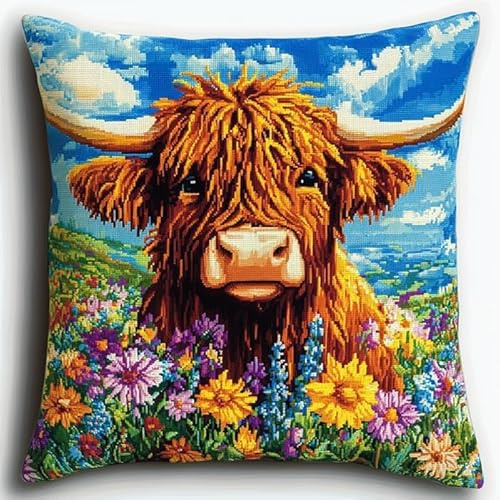 Taxpy 43Cmx43Cm Für Kinder Und Erwachsene, Highland Cattlend Blumen Diy Tier Landschaft Knüpfkissen Stickkissen Knüpfset Mit Bedruckter Leinwand Knüpfpackung Zum Selber Knüpfen Teppich Latch Hook