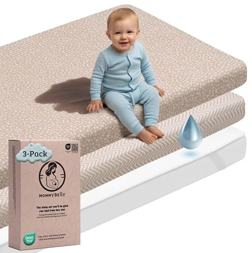 Mommybelly Set Sabanas Cochecito, Carrito Bebe 40x80. 2 Sabanas Bajeras de Algodon Jersey + 1 Protector de Colchon Impermeable de Rizo. Certificado OekoTex. Estampado Beige 80x40