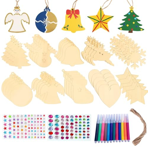 Bastelset Weihnachten, 50Stück Holzanhänger Weihnachten Zum Bemalen Mit 12 Farbstiften 2 Aufkleberblättern, Weihnachtsbasteln Kinder, DIY Weihnachtsdeko Basteln Für Fensterbilder Und Christbaumschmuck