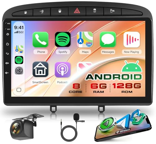 8 Core 6G+128G Android Radio Coche para Peugeot 308/408 2007-2015 con Inalámbrico Carplay Android Auto GPS Navi WiFi Panorámica de 360° 9 Pulgadas Radio Bluetooth FM/RDS/DSP EQ/USB/SWC Cámara Trasera