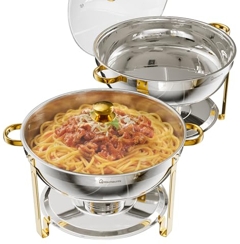 Warmounts Chafing Dish 2er Set 8,5L Speisenwärmer Buffet Rund Edelstahl | Gold & Silber Warmhaltebehälter Stapelbar mit Glasdeckel, Rechaud mit Deckelhalter für Gastronomie, Catering & Partys