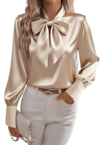 HESYSUAN Camicie da donna in raso con collo a fiocco, eleganti camicette di seta a maniche lunghe casual eleganti per business e lavoro da donna 2025, cachi, L