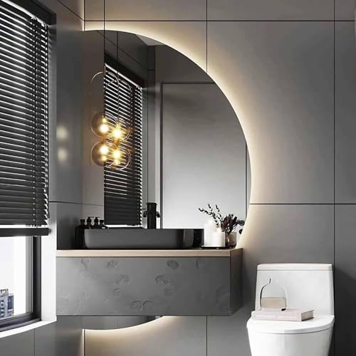 ZHENCHAO Specchio da Bagno semicircolare antiappannamento da 47, Specchio da Ingresso a Mezzaluna retroilluminato a LED da 51 con Interruttore Touch, Senza Cornice, Luce a 3 Colori (destr