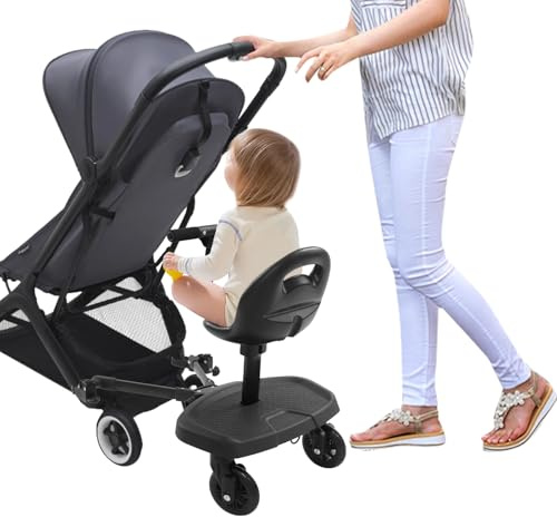 MEELRYD Buggy Board Universal für alle Kinderwagen, Kinder Buggy Board mit 360° drehbaren Räder, Einfache Installation, Kinderwagen Board mit Sitz für Kinder von 2-6 Jahren(25KG)