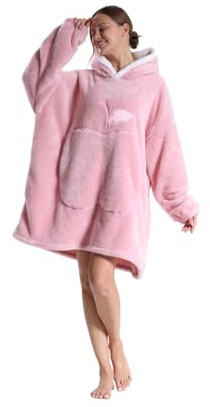 Surwin Hoodie Decke Lang mit Ärmeln und Kapuze Damen Herren, Tragbare TV Decke zum Anziehen Kuscheldecke Flauschig mit Taschen Übergroße Deckenhoodie Kuschelhoodie (CS12 Pink,90cm)