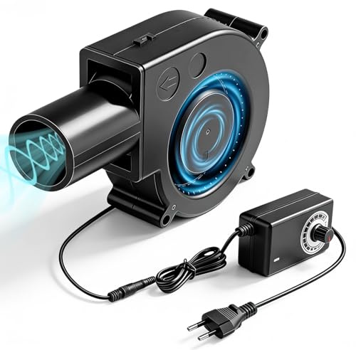 Calenxy Regelbar Radiallüfter 12V, Turbinengebläse mit Drehzahlregler & Luftauslass, 220V Regelbar AC Radial Lüfter DC 3-12V, Lüfter für Kaminofen Kühlung, Belüftungslüfter für Picknick Camping BBQ
