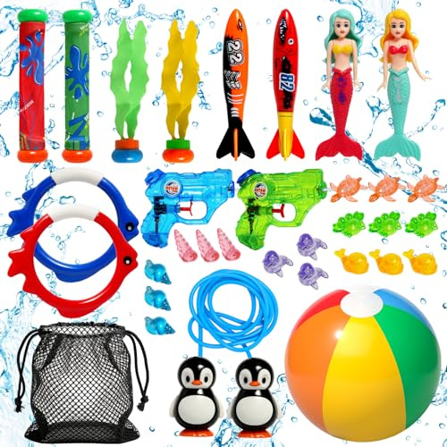 Pool Tauchspielzeug für Kinder, 32Pcs Schwimmbad Spielzeug Set, Wasserspielzeug Kinder Inklusive Pool Senker,Tauchringe,Wasserpistole und Strandball, Sommer für Kinders ab 3 4 5 6 7 8 9 10 11 12