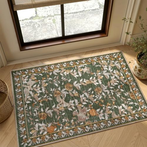 TOPICK waschbar Fußmatte innen Vintage Schmutzfangmatte 60x90cm Orange Grün | waschbar Eingangsteppich Cottagecore Kleiner Teppich Türmatte dünn Vorleger Teppich Eingang Fussmatte Tür Fußteppich Indoor