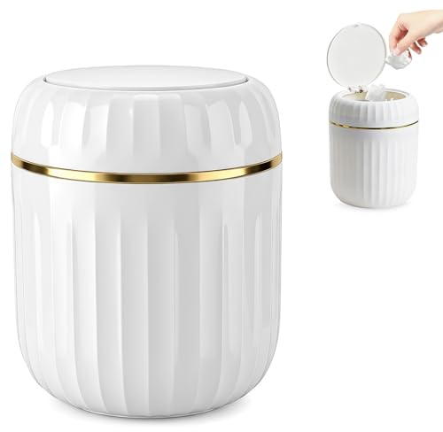 2L Cubo de Mesa con Tapa, Mini Cubo con Tapa de Apertura Pop-Up,Cubo Plástico,Pequeño Bote de Basura para Escritorio,Cocina,Oficina,Dormitorio,Baño,Auto,Tocador – Ahorra Espacio & Fácil de Limpiar