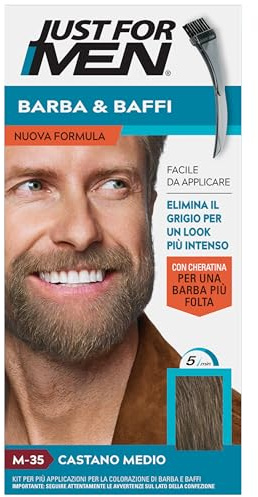 Just For Men Barba & Moustache Teinture pour homme à la kératine, pour une barbe plus dense, teinture sans ammoniaque, élimine les poils gris, avec peigne applicateur, couleur châtain moyen, M35