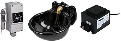 Kerbl Tränke Set: beheizbare Tränke 80 Watt 24V mit 100 Watt Trafo Frostschutz Thermostat und Schutzbügel Gusseisen Tränkebecken, Frostsicher bis -20°C Pferd Rind Pferdetränke Rindertränke