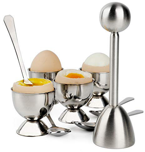 Egg Cracker Topper Set Soft Hard Boiled Eggs Separator Holder Include 4 Spoons and 4 Cups 1 Shells Remover Top Cutter Stainless Steel for Breakfast Kitchen Tool