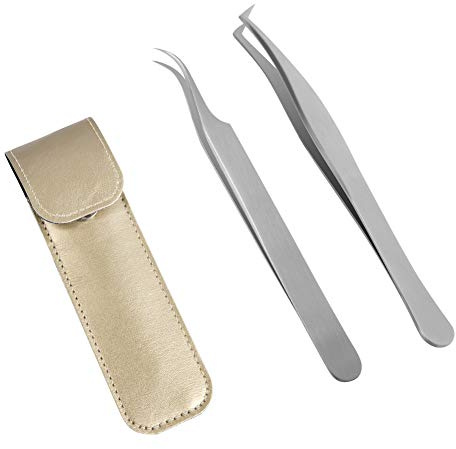 Lunamoon Pince Extension Cils Pince à épiler pour cils Extension à bouts Pointus droit et courbé Nipper 2pcs Professionnel en acier inoxydable Brucelles de précision Set (tweezers set03)