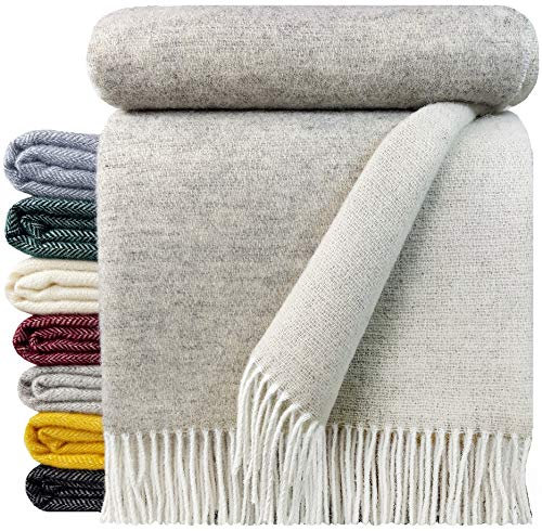 STTS International Manta de lana virgen 100% en varios colores, 140 x 200 cm, manta de lana virgen, 140 x 200 cm, color gris claro y blanco (doble cara, 140 x 200 cm)