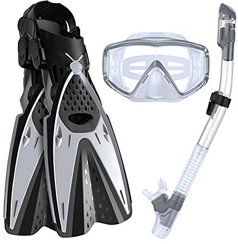 HGYJ Schnorchelpakete für Erwachsene, vollständig trockenes Schnorchelsystem + verstellbare Flossen + dreiseitige Tauchmaske mit Spiegelrahmen, für Outdoor-Tauchen für Damen/Herren.,Gray,ML/XL