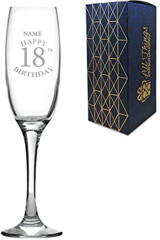 Personalised Engraved Champagne Flute Happy 18th Birthday Classic Design Gift BoxedGlass Holds 7.43oz/220ml, Customise with Any Name, Engraved in The UK