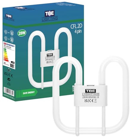 TBE LIGHTING 28w 2D 4-PIN CFL Energy Saving Lamps - DD Fluorescent Bulbs - 4-Pin GR10q Base Fittings - Long Life Lamp, Day Light White 6500K (Single Unit)