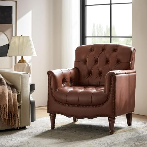 HULALA HOME Mid Century Modern Genuine Leather Accent Chair, Brown