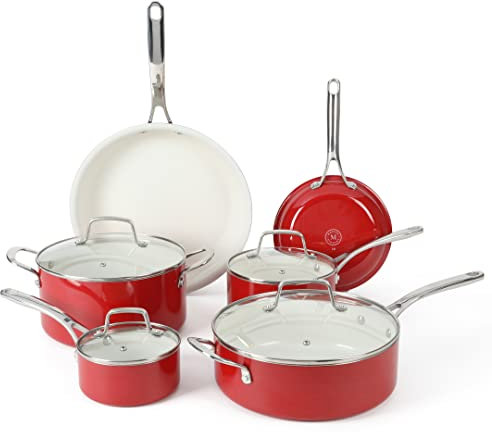 Martha Stewart Lockton Premium Nonstick PFA Free Ceramic Interior 10 Piece Enamel Heavy Gauge Aluminum Pots and Pans Cookware Set - Red