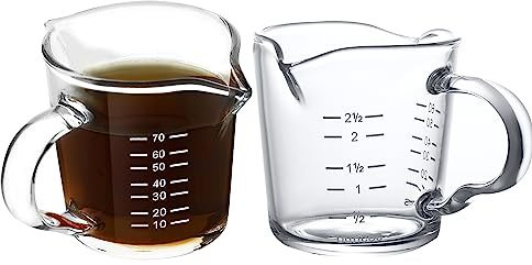 2Pcs Espresso Glass Cup with Double Spouts 70ml Glass Measuring Cup with Handle Heat & Cold Resistant Coffee Shot Glasses Graduated Beaker Cups for Coffee Milk Cocktails Spirits