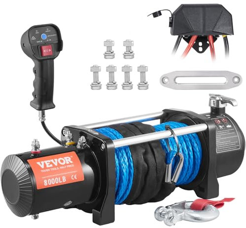 VEVOR Elektrische Seilwinde 12V 8000lbs/3629kg Offroad Motorwinde Seilzug Elektrowinde 12-strängiges Nylonseil mit 2-in-1-Controller Schwarz Geeignet für mittelgroße große SUVs LKWs und sogar Yachten