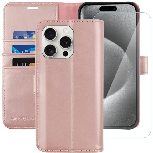 MONASAY Wallet Case for iPhone 15 Pro Max with 3 Card Holders Rosegold | With a Kickstand, RFID Blocking, 6.6 feet of shock absorption, PU Leather, Strong Magnetic Closure, Fits 6.7 inch ONLY