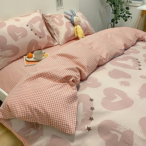 GETIYA Damen Mädchen Bettwäsche 135x200 Baumwolle Herz Muster Bettbezug Einzelbett Romantisch Rosa Wendebettwäsche Mit Reißverschluss und 1 Kissenbezug 80x80