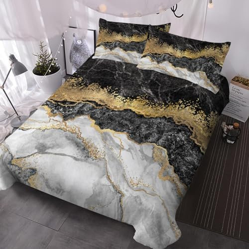 Schwarzer und goldener Marmor Bettwäsche 155x220cm Atmungsaktive Angenehme mit Reißverschluss und Kissenbezüge 50x75cm Geometrisches Muster 100% Baumwolle Bettwäsche-Sets Bettbezug 3teilig