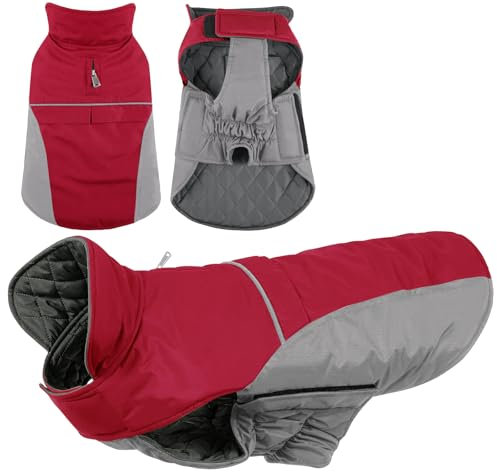 KONVINIT Hundemantel Winter Warm Hundejacke Wasserdicht Wintermantel für Kleine/Mittelgroße Hunde Winddichte Winterjacke für Hunde mit Reflexstreifen und Bauchschutz,red S