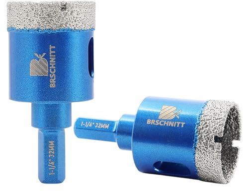 Dry Diamond Core Drill Bit Set,BRSCHNITT 2pcs 32mm Diamond Hole Saw Core Drill Bit with Hex Shank for Porcelain Tile Ceramic Stone Granite Marble
