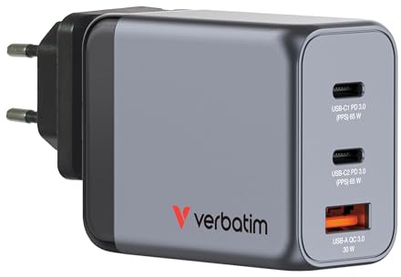 Verbatim GaN Charger 65 W, 3 Ports USB-C Ladegerät, Power Adapter mit 2 x USB-C und 1 x USB-A, Schnellladegerät als Mehrfachstecker, für Apple MacBook, Notebook, iPad, iPhone, Samsung und Co