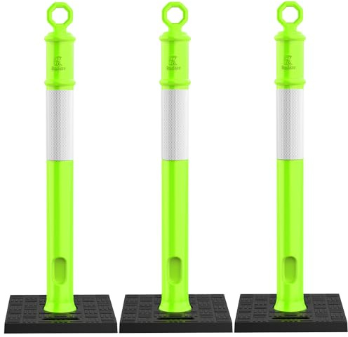 RoadHero 45 Inch Delineator Post with Base, Portable Lime Green Traffic Delineator Posts Cones with Reflective Collars for Parking Lots, Road Safety, Construction Events 3 Pack